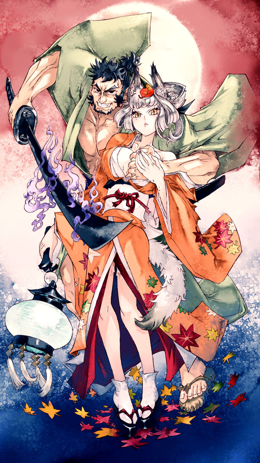 animal_ears, breast_grab, breasts, fox_ears, fox_tail, hair_up, highres, japanese_clothes