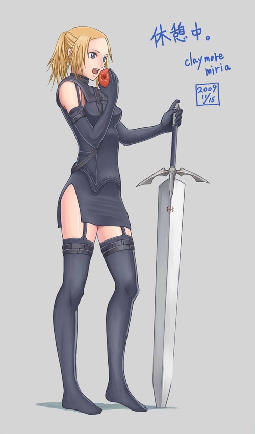 blonde_hair, claymore, claymore_(sword), eating, elbow_gloves, food, fruit, gloves, grey_eyes, hair_up, holding, holding_fruit, miria, osu, planted_sword, planted_weapon, short_hair, side_slit, silver_eyes, sword, thigh-highs, thighhighs, weapon, zettai_ryouiki