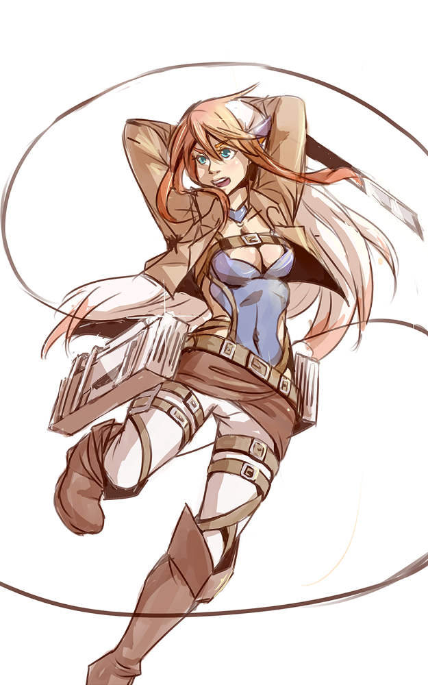 1girl, beltbra, birdy_cephon_altirra, blue_eyes, boots, breasts, cable, cleavage