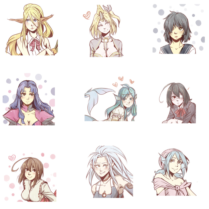 6+girls, ahoge, animal_ears, another, bare_shoulders, between_breasts, black_hair, blonde_hair