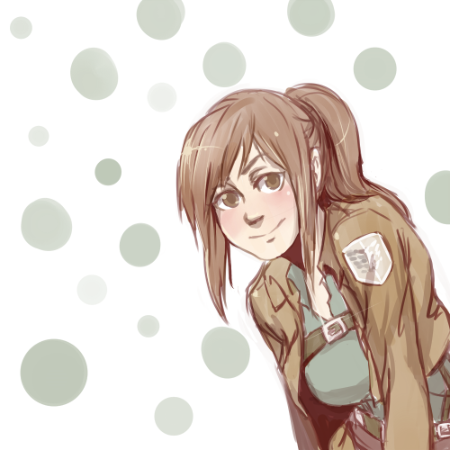 1girl, blush, brown_eyes, brown_hair, crest, cropped_jacket, long_hair, lowres, polka_dot, polka_dot_background, ponytail, sasha_browse, shingeki_no_kyojin, simonadventure, smile