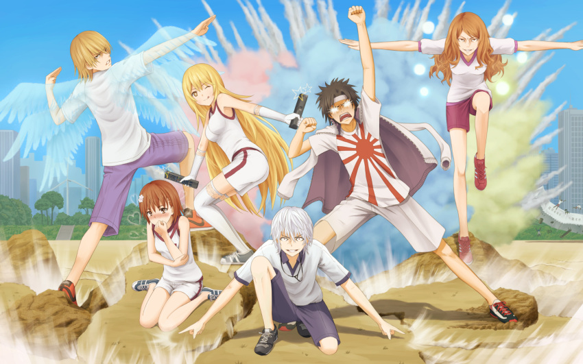 +_+, 3boys, 3girls, accelerator, ahoge, albino, angel_wings, black_hair