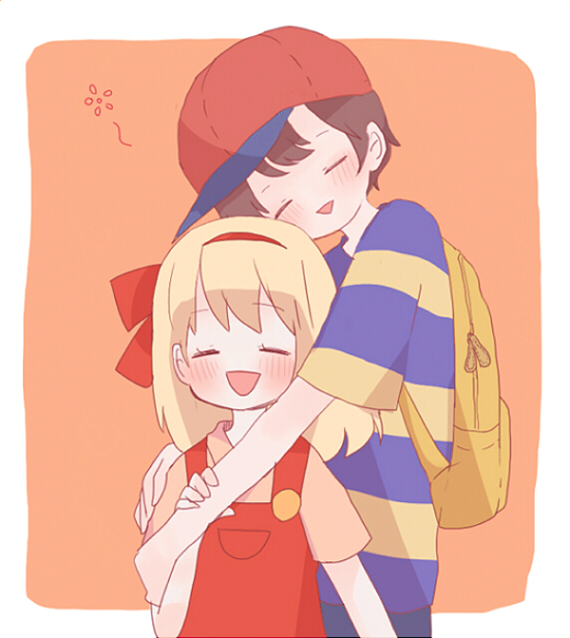 backpack, bag, black_hair, blonde_hair, hat, hug, mother_(game), mother_2