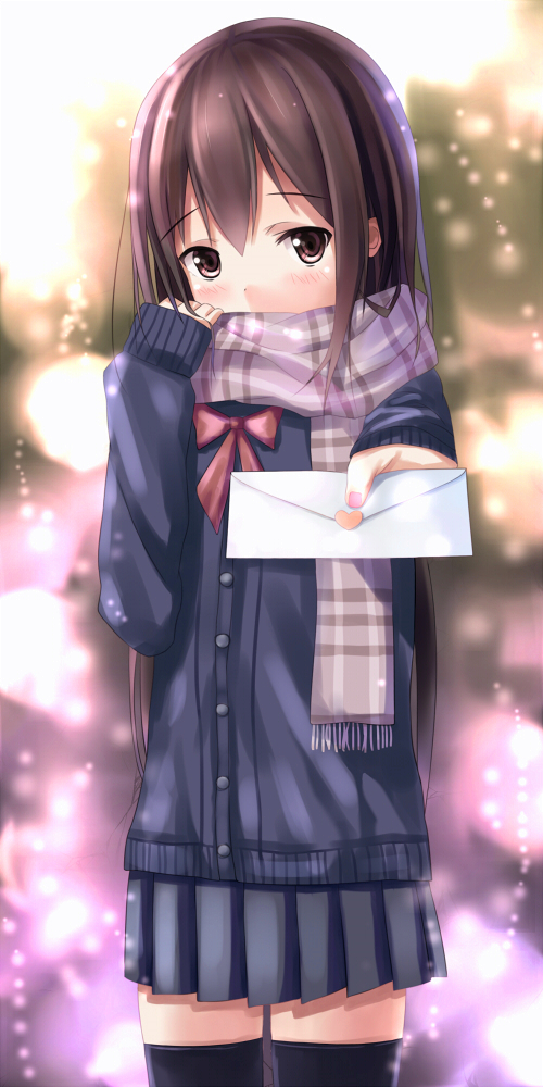 1girl, black_legwear, bow, brown_eyes, brown_hair, chitori, covering_mouth, letter