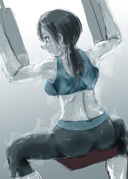 1girl, ass, back, ball1000, black_hair, breasts, capri_pants, crop_top