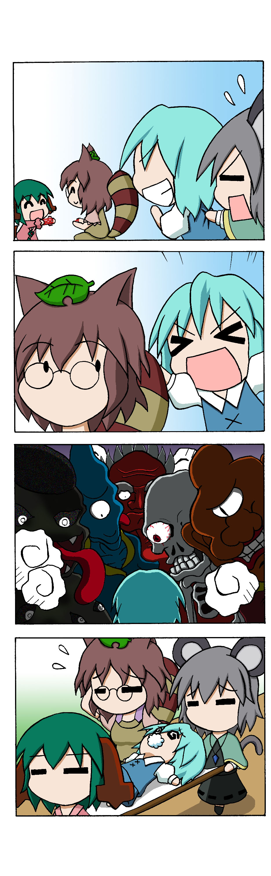 >_<, 4girls, 4koma, absurdres, animal_ears, blue_hair, brown_hair, capelet