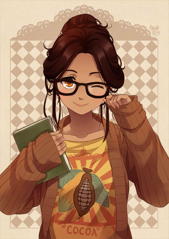 1girl, book, brown_background, brown_eyes, brown_hair, cardigan, checkered, cocoa_(meago)