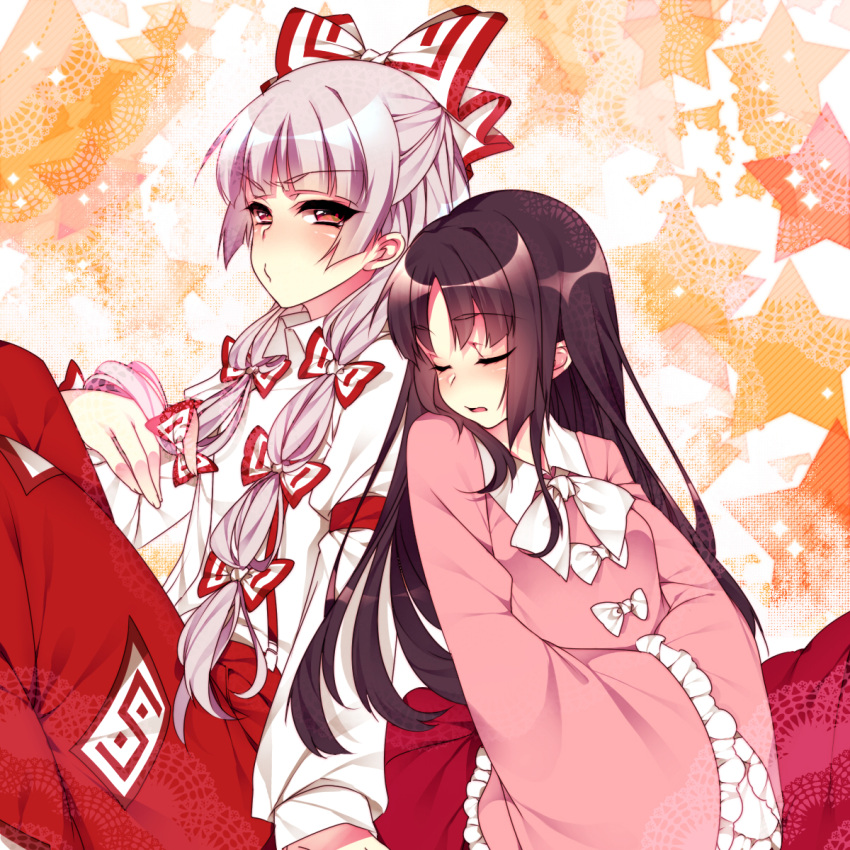2girls, bangs, black_hair, closed_eyes, doily, embarrassed, frilled_sleeves, fujiwara_no_mokou