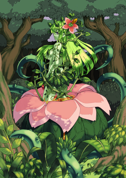 flower, forest, green_skin, hair_over_breasts, kenkou_cross, kenkou_kurosu, mamono_girl_lover, monster_girl