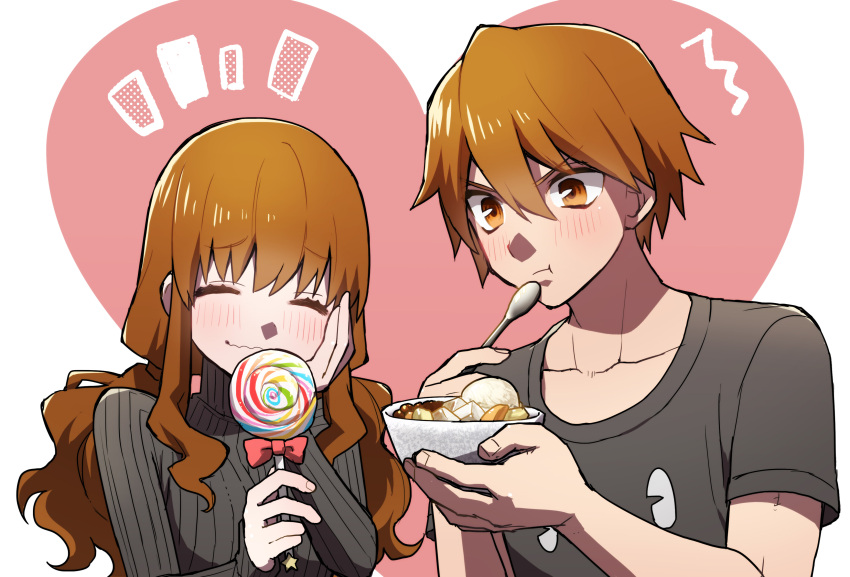 1boy, 1girl, absurdres, blush, brown_eyes, brown_hair, candy, casual