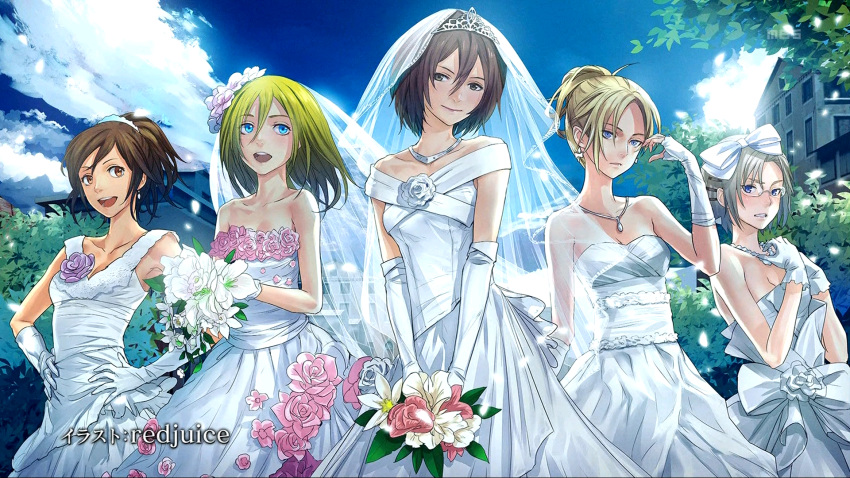 5girls, annie_leonhardt, artist_name, bare_shoulders, black_hair, blonde_hair, blue_eyes, christa_renz