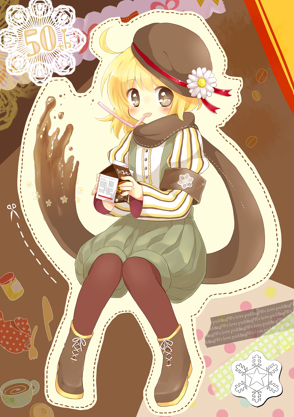 1girl, :d, arm_strap, bendy_straw, blonde_hair, bloomer_shorts, blush, boots, brown_eyes, carton, coffee, coffee_beans, cup, dotted_outline, doughnut, english, flower, fork, hat, hat_flower, highres, jar, knife, mochizuki_yomogi, mug, open_mouth, original, pantyhose, scarf, short_hair, shorts, smile, snowflakes, solo, straw, teapot