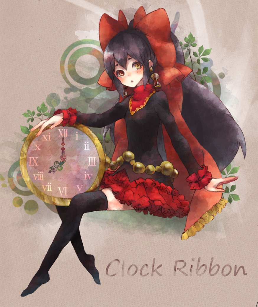 black_hair, blush, bow, brown_eyes, cako, clock, frills, long_hair