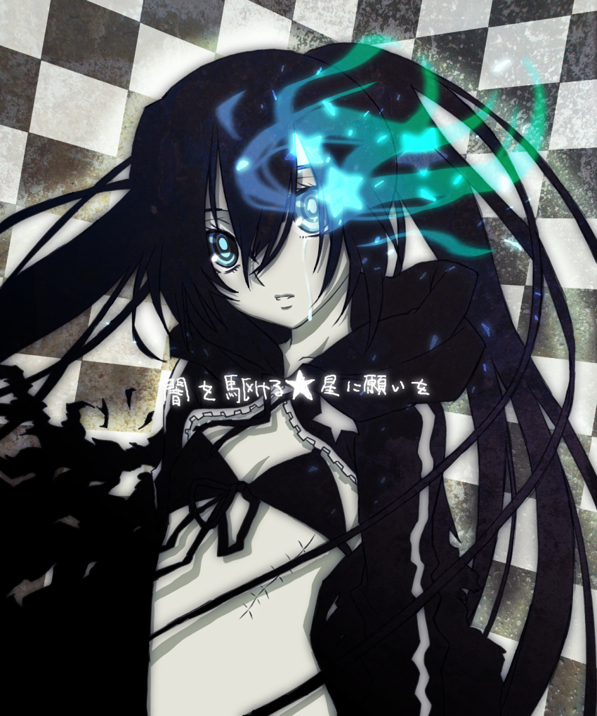 black_hair, black_rock_shooter, black_rock_shooter_(character), blue_eyes, coat, flat_chest, glowing, glowing_eyes