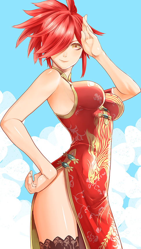 1girl, azanami_(pso2), china_dress, chinese_clothes, hair_over_one_eye, impossible_clothes, p-kana, phantasy_star_online_2, redhead, yellow_eyes