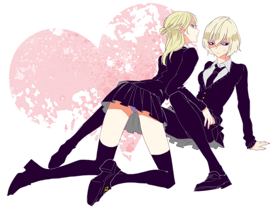 2girls, black_sclera, blonde_hair, blue_eyes, fuhmin, genderswap, half_updoe, jojo_no_kimyou_na_bouken, long_hair, multiple_girls, panties, pantyshot, prosciutto, red_eyes, risotto_nero, short_hair, thigh-highs, underwear, white_hair