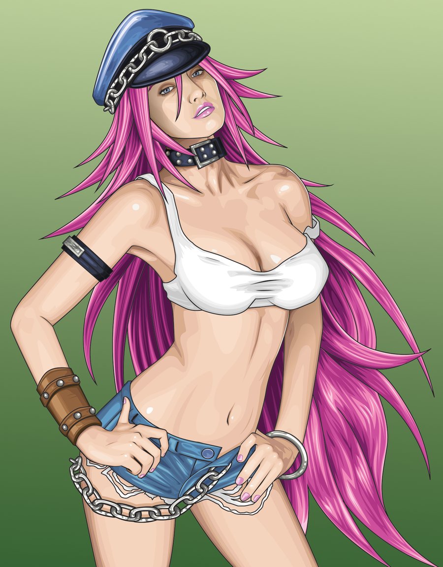 armband, blue_eyes, breasts, capcom, chain, choker, denim, denim_shorts