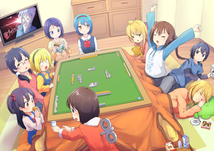 1boy, 6+girls, akagi, akagi_shigeru, akama_zenta, board_game, crossover, highres, higurashi_no_naku_koro_ni, houjou_satoko, kitashirakawa_anko, kitashirakawa_tamako, little_busters!!, mahjong, minami-ke, minami_chiaki, minami_haruka, minami_kana, minami_touma, multiple_girls, nichijou, nishizono_mio, sairenji_haruna, shinonome_nano, tamako_market, to_love-ru
