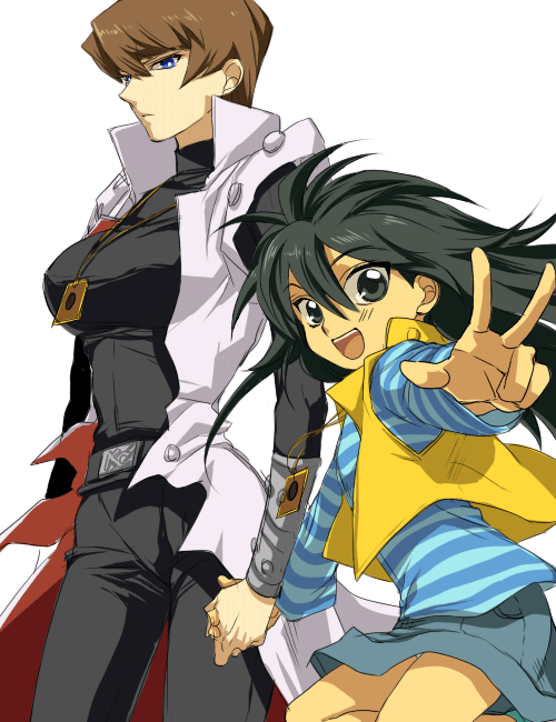 2girls, belt_buckle, blue_eyes, breasts, card, card_pendant, genderswap, holding_hands
