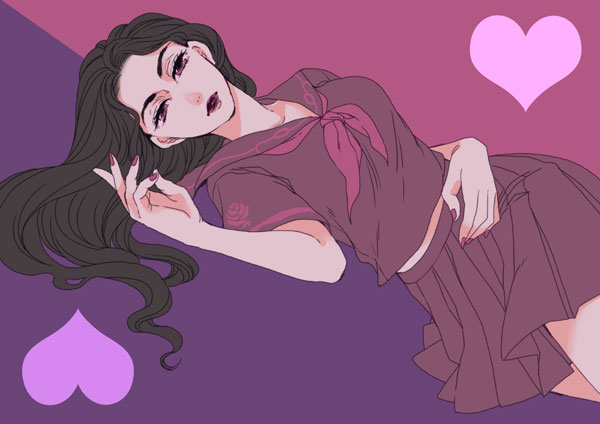 1girl, black_hair, chiyo_(chidori), heart, jojo_no_kimyou_na_bouken, lipstick, long_hair, makeup