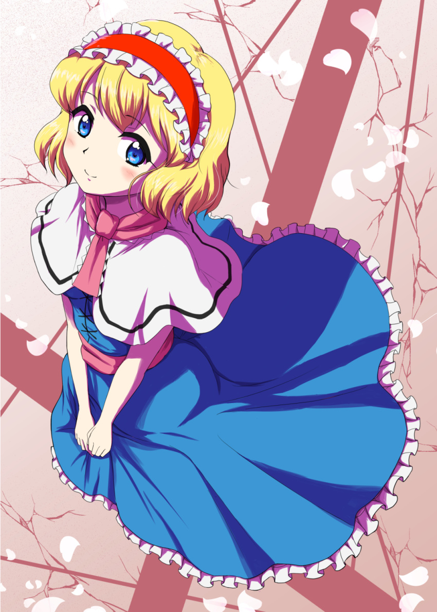 1girl, alice_margatroid, blonde_hair, blue_eyes, blush, capelet, crack, dress