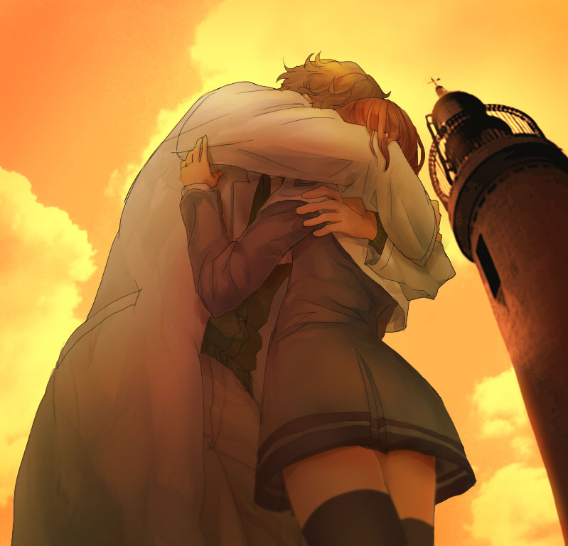 1boy, 1girl, 830_(hamio), brown_hair, couple, hug, labcoat, protagonist_(tokimemo_gs2), short_hair, thighhighs, tokimeki_memorial_girl's_side_2nd_kiss, wakaouji_takafumi