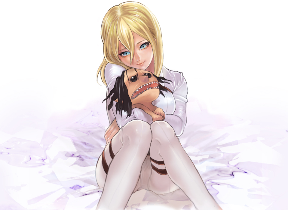 1girl, black_eyes, blonde_hair, blue_eyes, christa_renz, cuddling, dancing_titan, hair_between_eyes, hug, pants, sharp_teeth, shingeki_no_kyojin, shirt, short_hair, sitting, solo, thigh_strap, toyokanko, white_shirt