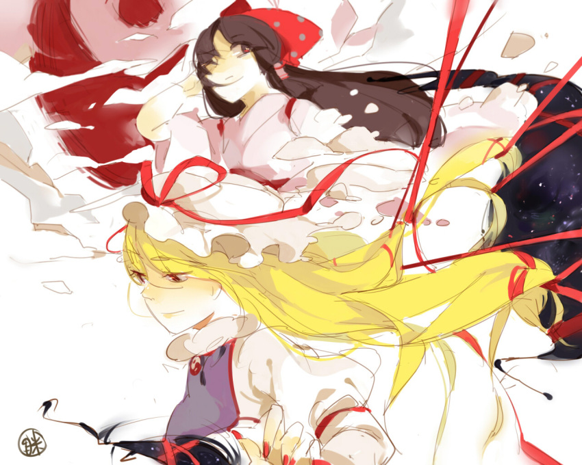 2girls, black_hair, blonde_hair, hakurei_reimu, hakurei_reimu_(pc-98), long_hair, multiple_girls, nail_polish, rough, shuang9705, touhou, touhou_(pc-98), wink, yakumo_yukari, yin_yang