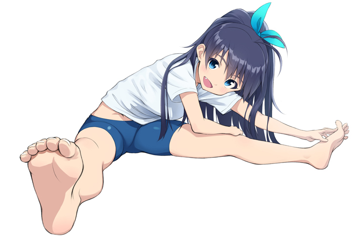 1girl, aqua_eyes, barefoot, bike_shorts, black_hair, blue_bike_shorts, exercise, fan