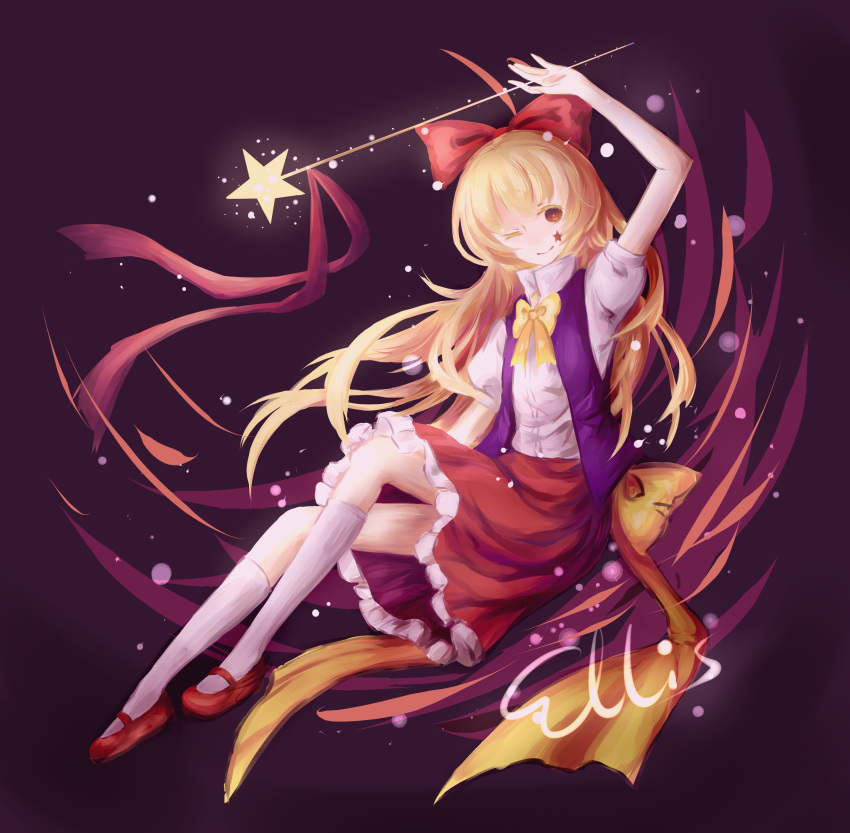 1girl, absurdres, blonde_hair, bow, character_name, colored_eyelashes, elis_(touhou), facial_mark