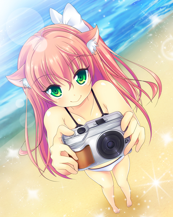 1girl, animal_ears, barefoot, beach, bikini, camera, green_eyes, long_hair