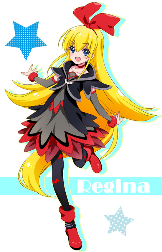1girl, :d, bat_print, black_legwear, blonde_hair, blue_eyes, blush, character_name, choker, dokidoki!_precure, long_hair, open_mouth, precure, red_ribbon, regina_(dokidoki!_precure), ribbon, shadow, simple_background, smile, solo, standing_on_one_leg, star, white_background, zooya