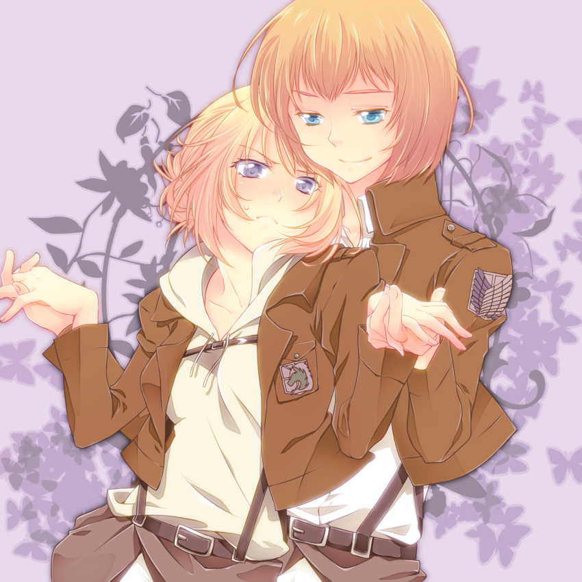 1boy, 1girl, annie_leonhardt, armin_arlert, ataka_takeru, attack_on_titan, belt, blonde_hair, blue_eyes, bun, hair_bun, hetero, highres, hoodie, jacket, shingeki_no_kyojin, short_hair, violet_eyes