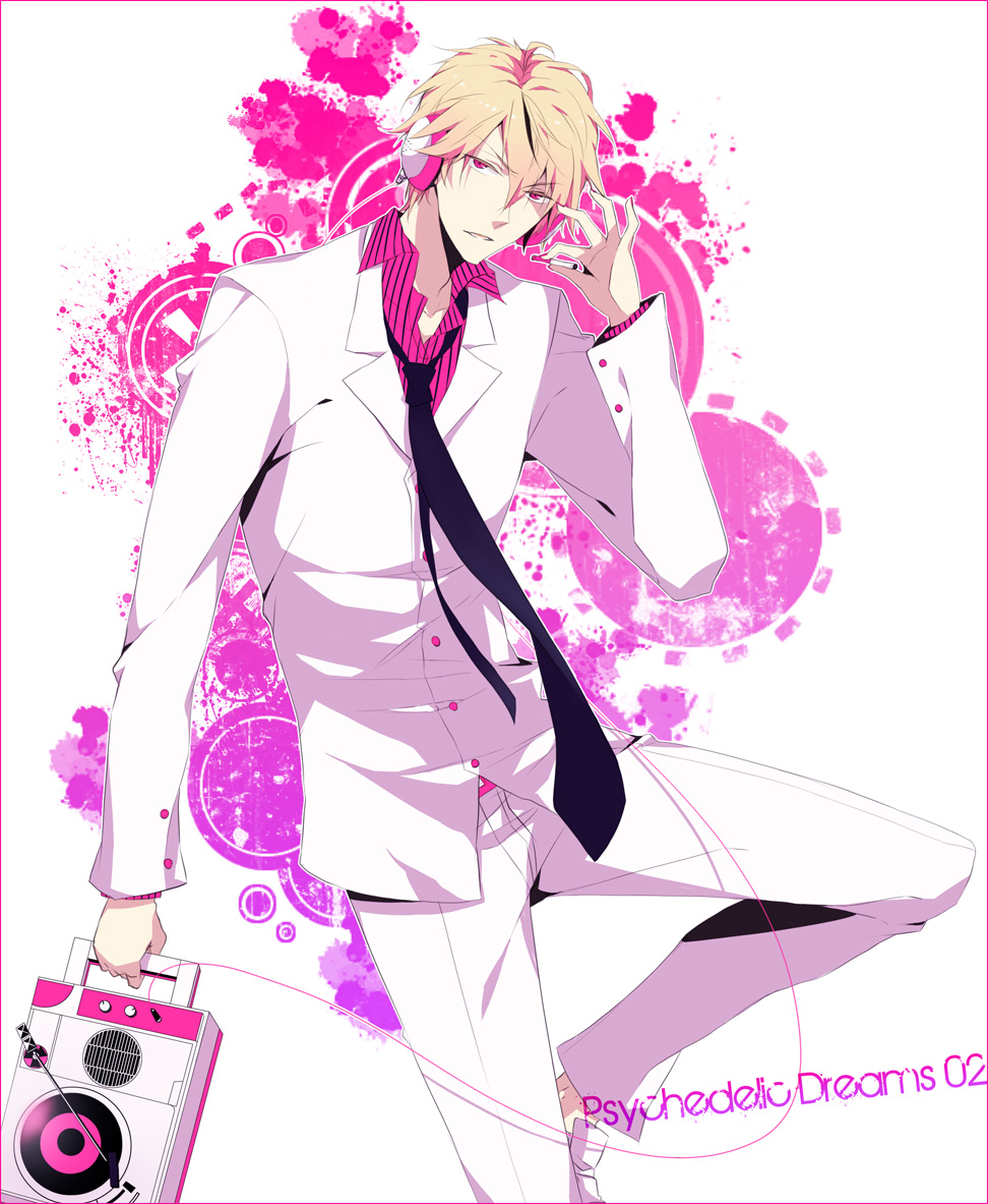 1boy, blonde_hair, durarara!!, formal, headphones, heiwajima_shizuo, red_eyes, sara666, solo, suit