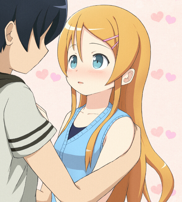 1boy, 1girl, bare_shoulders, blue_eyes, brother_and_sister, casual, eye_contact, hair_ornament