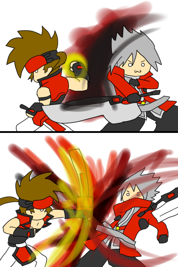 >:3, :3, blazblue, crossover, fire, guilty_gear, ragna_the_bloodedge, sol_badguy, tyrant_rave, yuta1147