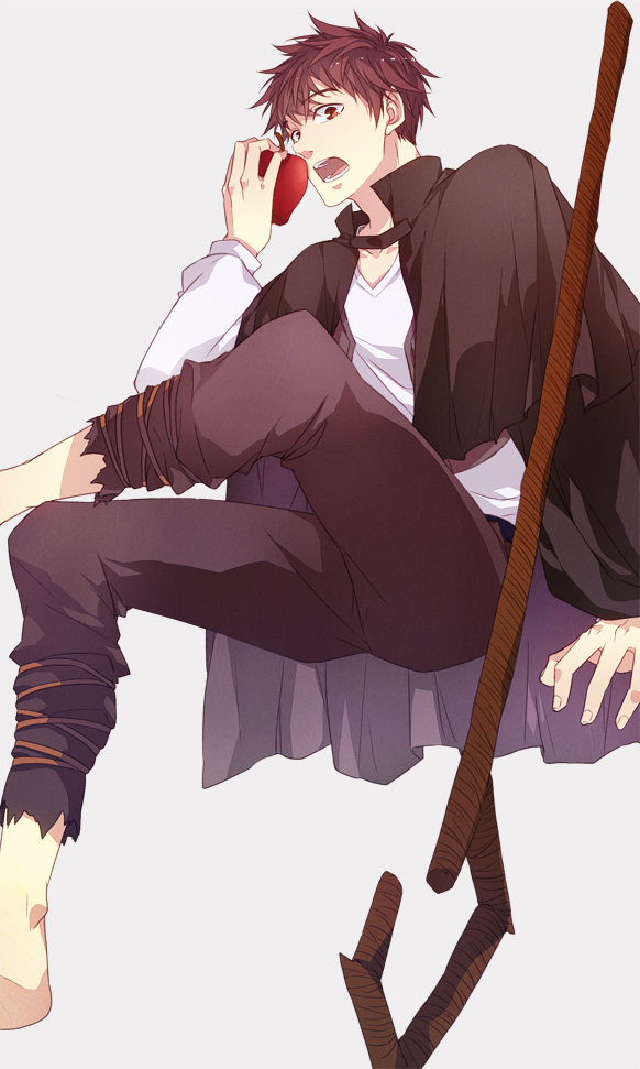 1boy, apple, barefoot, brown_eyes, brown_hair, food, fruit, jamie_bennett, rise_of_the_guardians, sara666, solo, staff