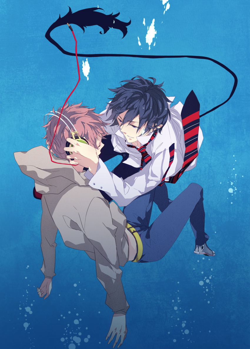 2boys, ao_no_exorcist, black_hair, headphones, highres, multiple_boys, necktie, okumura_rin