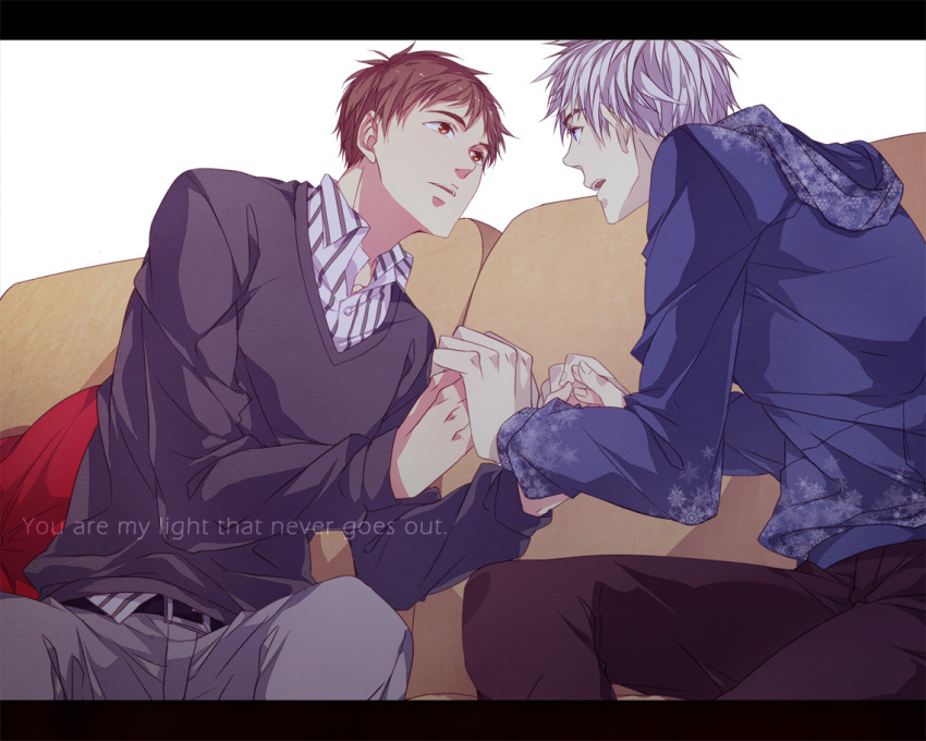 2boys, blue_eyes, brown_eyes, brown_hair, couch, jack_frost_(rise_of_the_guardians), jamie_bennett, multiple_boys