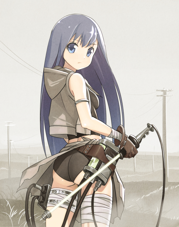 1girl, armband, ass, bandages, blue_eyes, blue_hair, hoodie, konchi