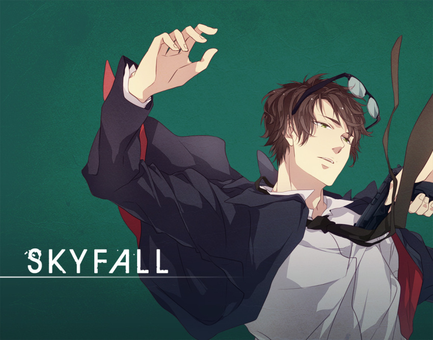 1boy, copyright_name, falling, glasses, glasses_removed, green_eyes, necktie, q_(james_bond)