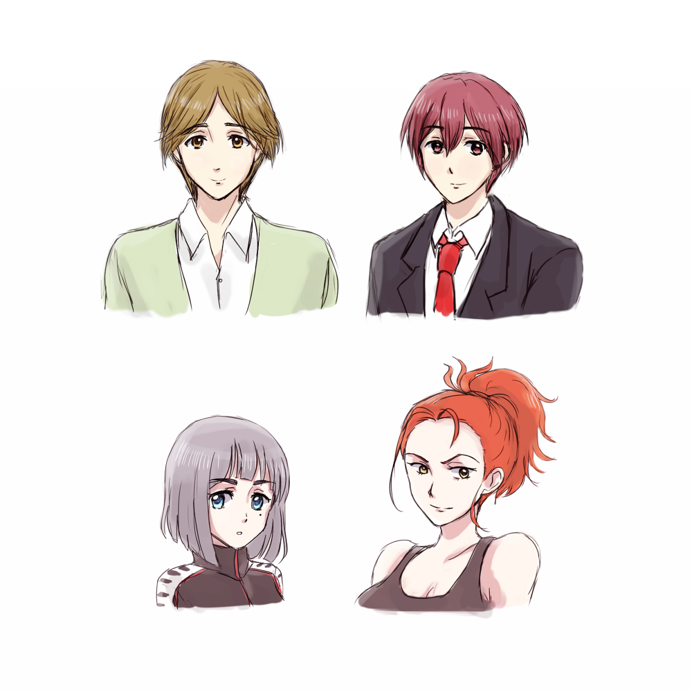 2boys, 2girls, amakata_miho, blue_eyes, brown_eyes, brown_hair, free!, genderswap, grey_hair, matsuoka_gou, mikoshiba_seijuurou, multiple_boys, multiple_girls, necktie, nitori_aaichirou, orange_hair, red_eyes, redhead, yellow_eyes