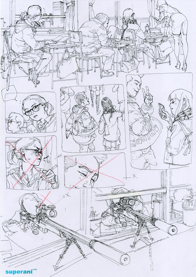 aiming, comic, glasses, gun, kim_jung_gi, monochrome, original, rifle