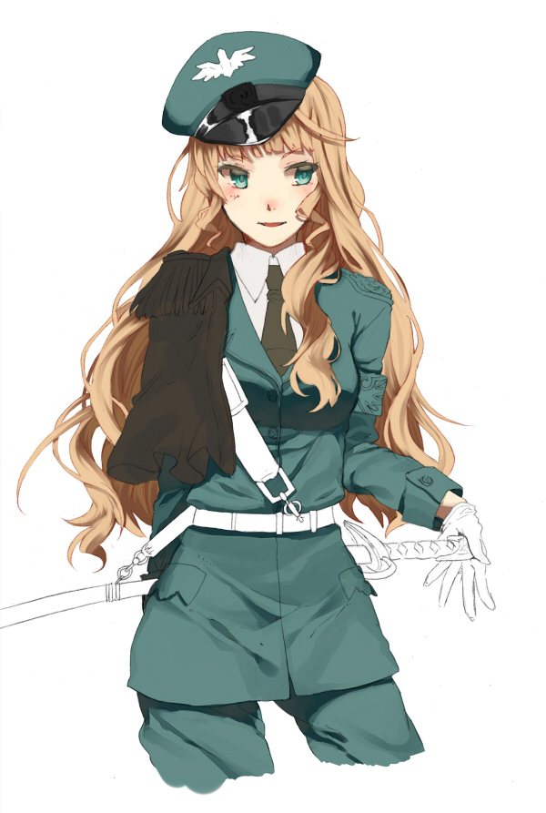 1girl, alternate_costume, armband, beatrice, belt, blonde_hair, blue_eyes, gloves