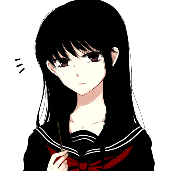 1girl, black_hair, bust, iwashita_akemi, long_hair, looking_at_viewer, pocky, school_uniform