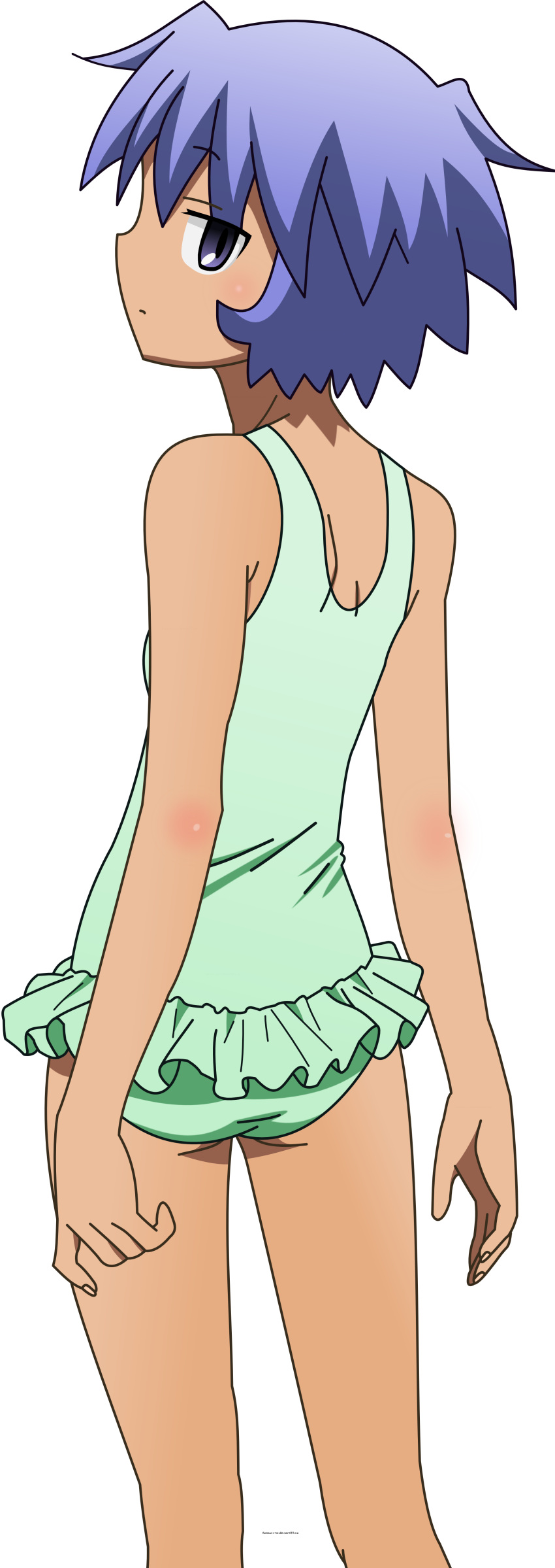 blue_eyes, blue_hair, dark_skin, frilled_skirt, frills, fuyukawa_kurusu, highres, looking_at_viewer