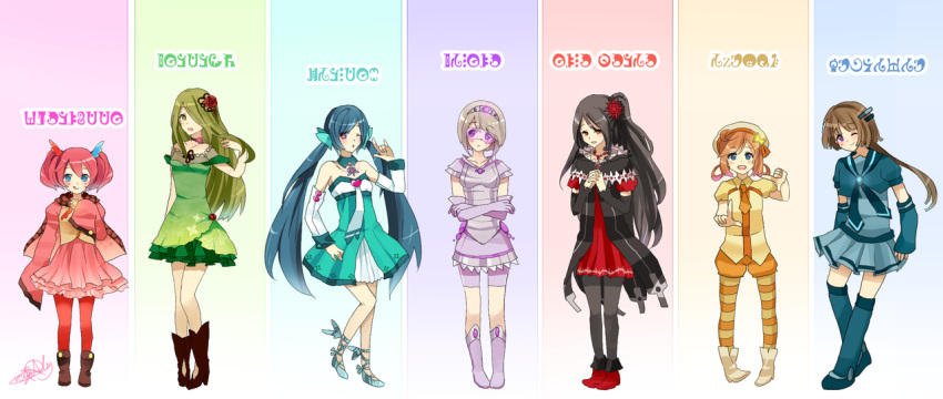 6+girls, :q, adjusting_hair, bare_shoulders, black_hair, blue_eyes, blue_hair, boots