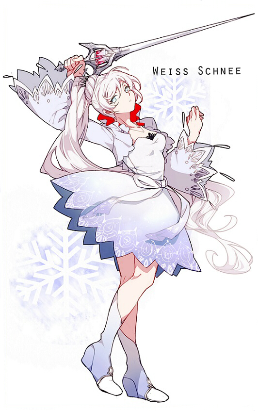1girl, blue_eyes, character_name, dress, full_body, jewelry, jionghai, long_hair, necklace, ponytail, rapier, rwby, scar, snowflakes, solo, sword, weapon, weiss_schnee, white_hair