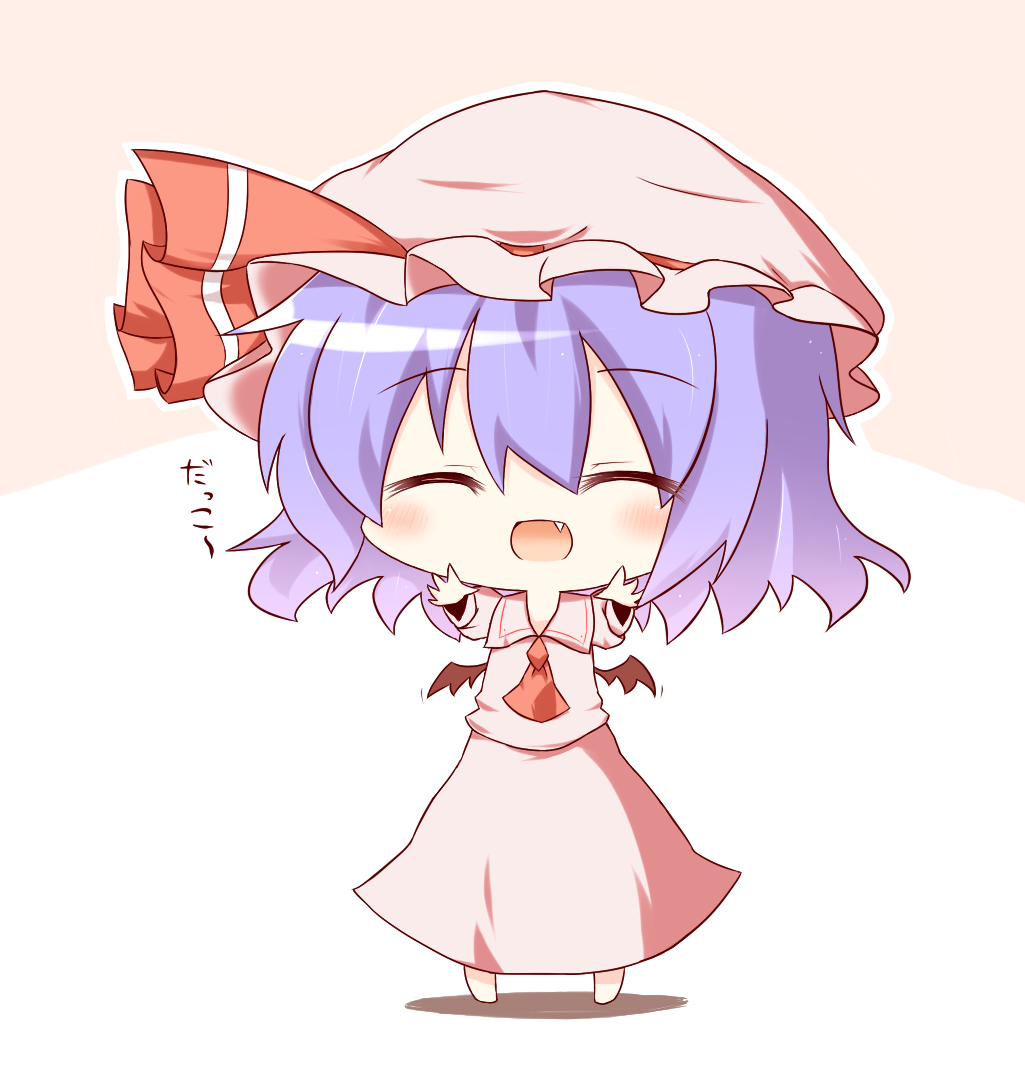 1girl, ascot, bat_wings, blue_hair, chibi, closed_eyes, fang, gaius_(nikoniko2)