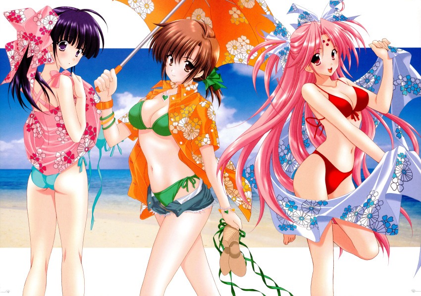 3girls, :d, absurdres, ass, bikini, blue_bikini, blue_hair, breasts, brown_eyes, brown_hair, cleavage, dress, girls_bravo, green_bikini, highres, huge_filesize, kojima_kirie, koyomi_hare_nanaka, mario_kaneda, miharu_sena_kanaka, multiple_girls, open_clothes, open_mouth, open_shirt, pink_eyes, pink_hair, red_bikini, short_shorts, shorts, side-tie_bikini, smile, swimsuit, tagme, towel, umbrella, violet_eyes
